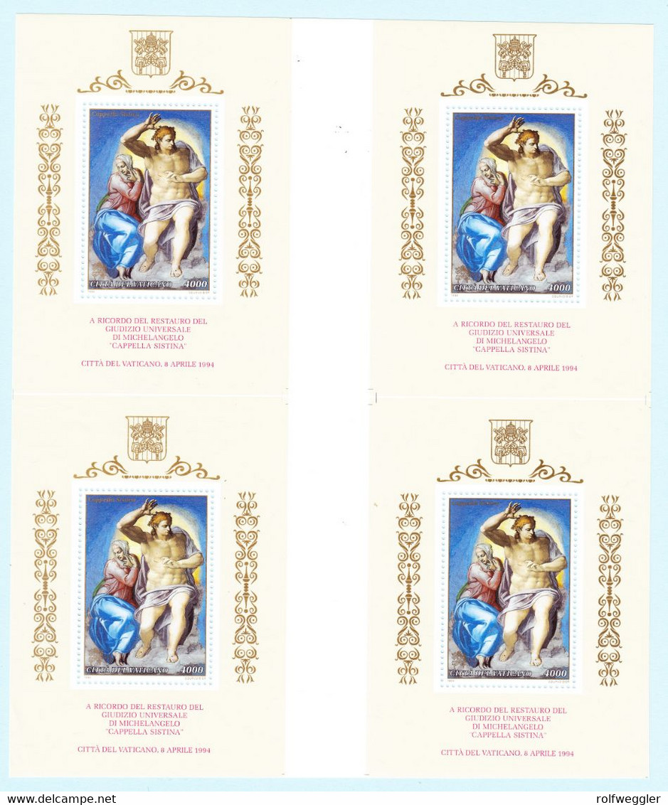 1994 Sistinische Kapelle Michelangelo. 4 Ungezähnte Blocks Ungetrennt, (2 Paar Mit Zwischenstegen). 1 - 2 X Existierend - Variétés & Curiosités