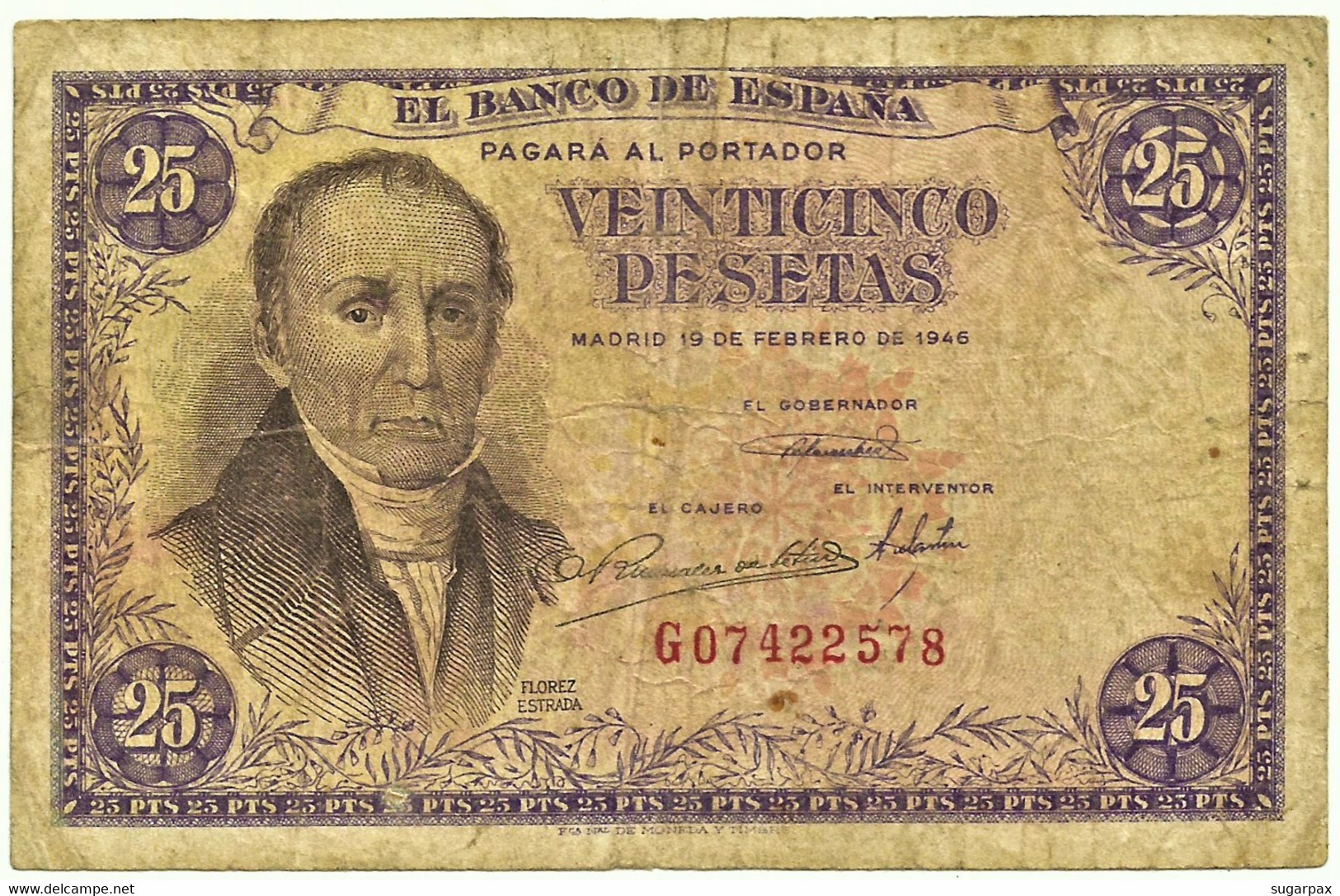 ESPAÑA - 25 Pesetas - 19.02.1946 - Pick 130 - Serie G - Florez Estrada - 25 Pesetas