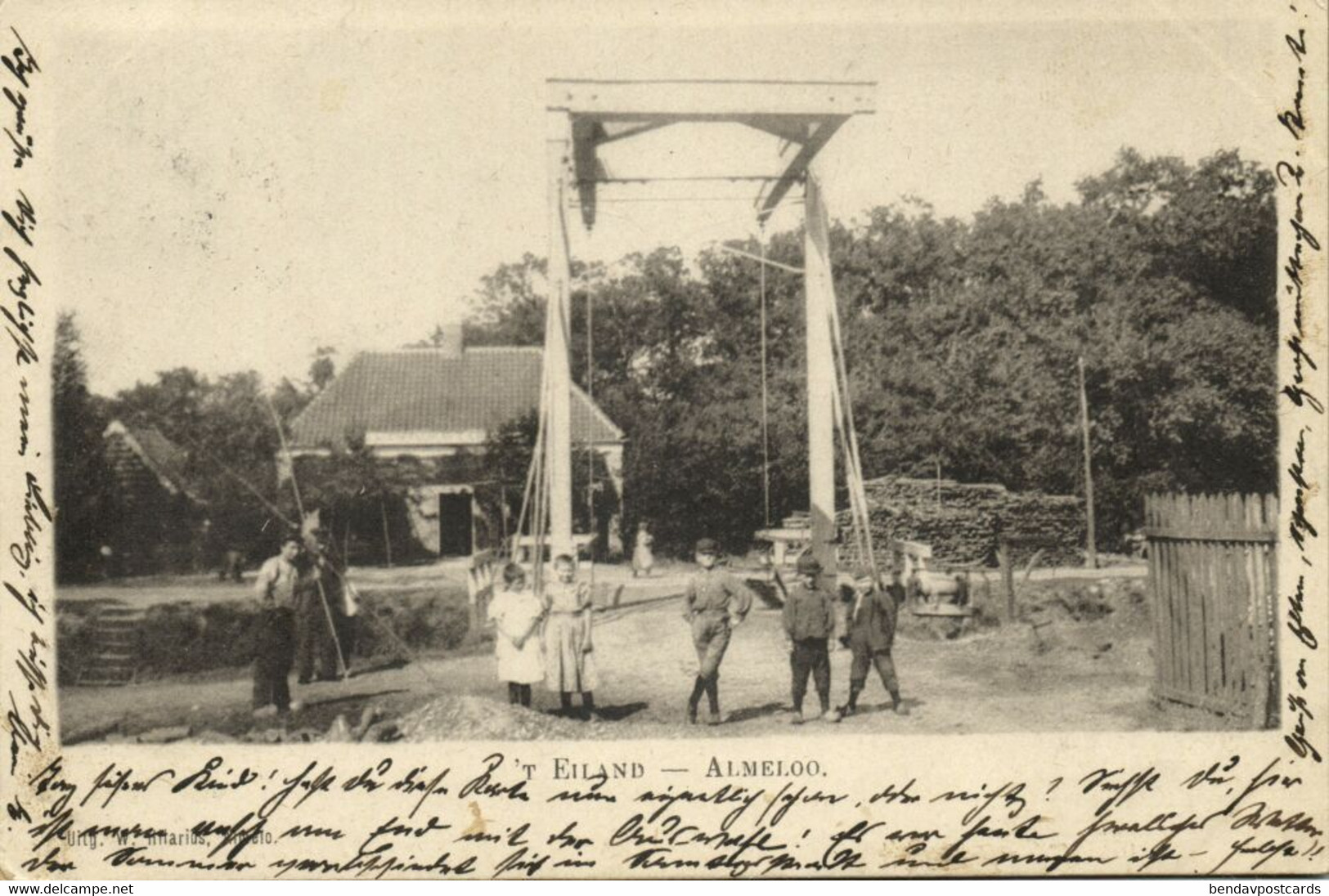 Nederland, ALMELO, 't Eiland, Hangbrug Met Volk (1900) Ansichtkaart - Almelo