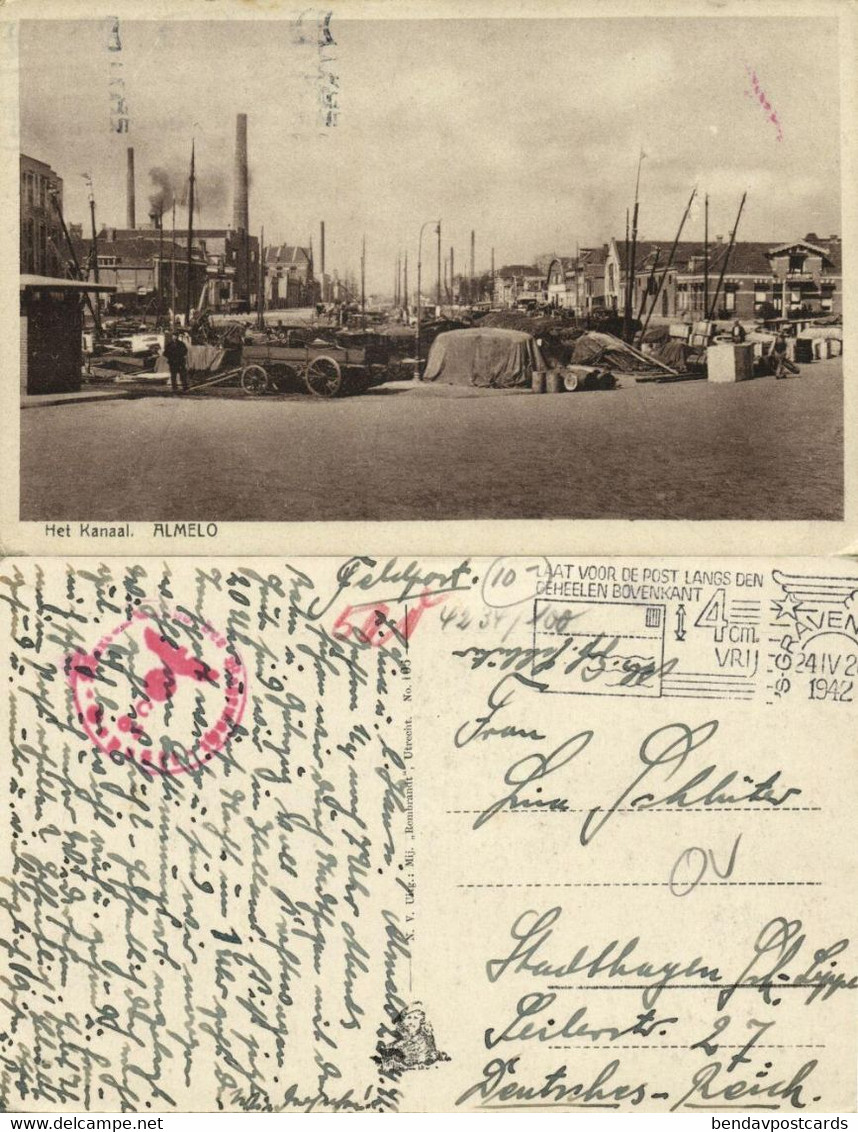 Nederland, ALMELO, Het Kanaal 1942 Duitse Censuur Stempel, Ansichtkaart - Almelo