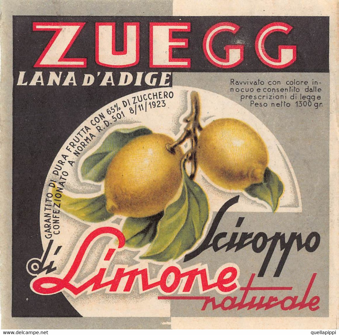 012060 "ZUEG - LANA D'ADIGE - SCIROPPO DI LIMONE NATURALE" ETICH. ORIG. ORIG. LABEL ANNI '60 - Frutas Y Legumbres