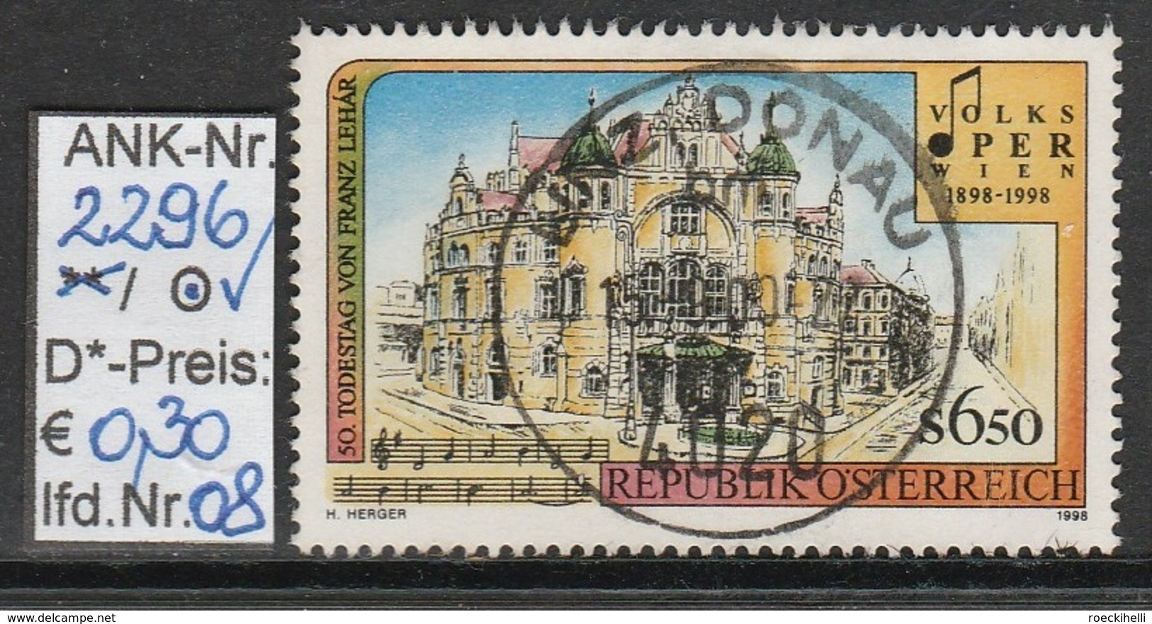 19.9.1998 - SM "100 Jahre Wr.Volksoper...."  - o gestempelt  - siehe Scan  (2296o 01-02,04-14,17)