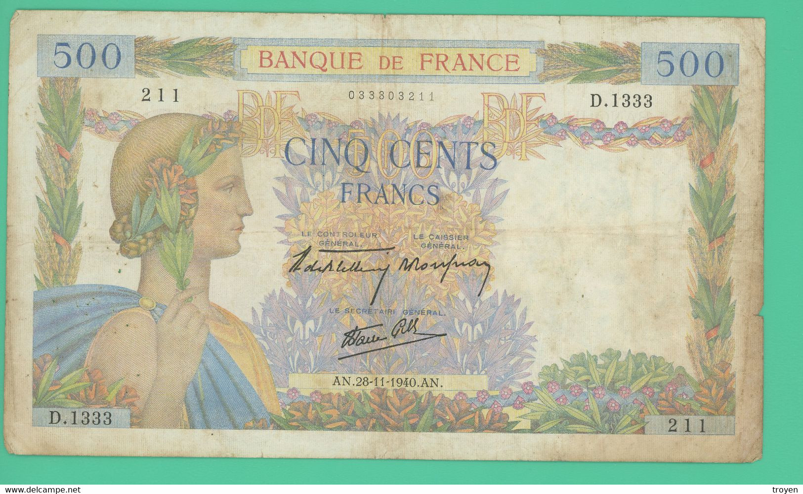 500 Francs - La Paix - France  -AN.28-11-1940.AN. - N° D.1333 211 - TB - - 500 F 1940-1944 ''La Paix''