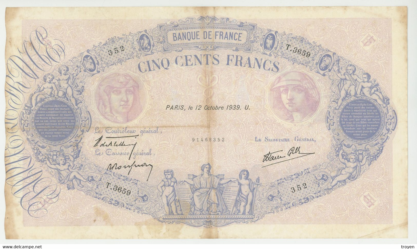 500 Francs - Bleu Rose -  France  - 12 Octobre 1939.U. - N°T.3659 352 - TB + - - 500 F 1888-1940 ''Bleu Et Rose''