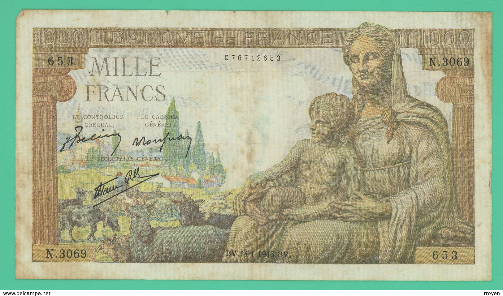 1000 Francs - Déesse Méméter  -  France  - BV.14-1-1943.BV. - N° N.3069 653 - TB  - - 1 000 F 1942-1943 ''Déesse Déméter''