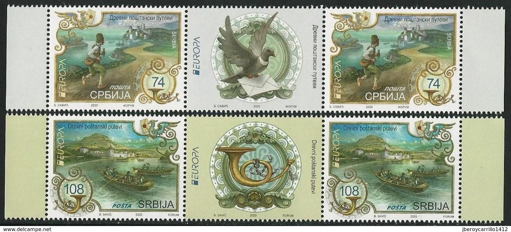 SERBIA /SERBIEN /SRBIJA - EUROPA 2020 -"ANTIGUAS RUTAS POSTALES - ANCIENT POSTAL ROUTES" - TWO GUTTERS PAIR - 2020