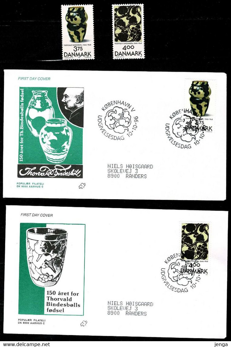Denmark 1996;  The 150th Anniversary Of The Birth Of Thorvald Bindesbøll. Set Of 2 MNH(**) And On FDC (Populær Filateli) - Otros & Sin Clasificación