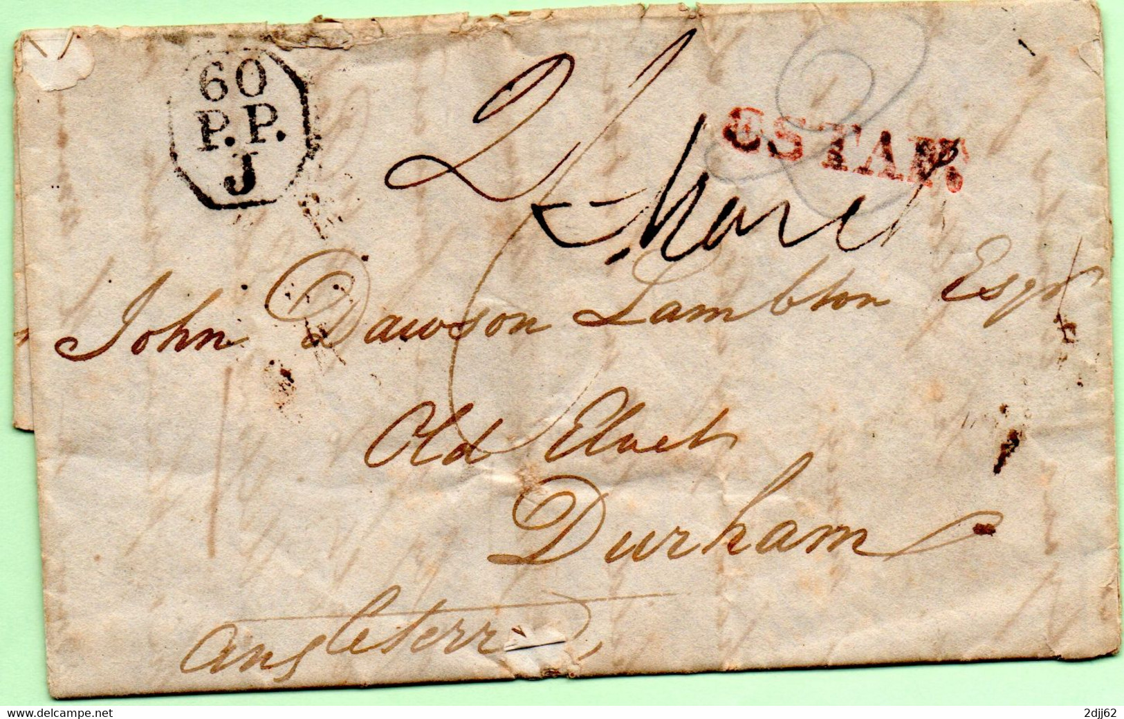 Cheval, Courrier "estafette", Rare Pli De Paris à Durham, 3 Mars 1834, Port Payé De Paris Bureau "J" - ...-1840 Préphilatélie
