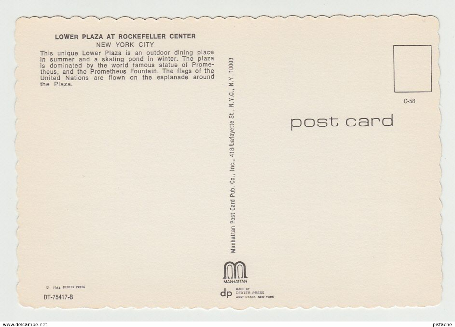 New York City - Plaza Rockefeller Center - By Manhattan Post Card Inc. No DT-75417-B - Size 4 X 6 In - Unused - 2 Scans - Orte & Plätze