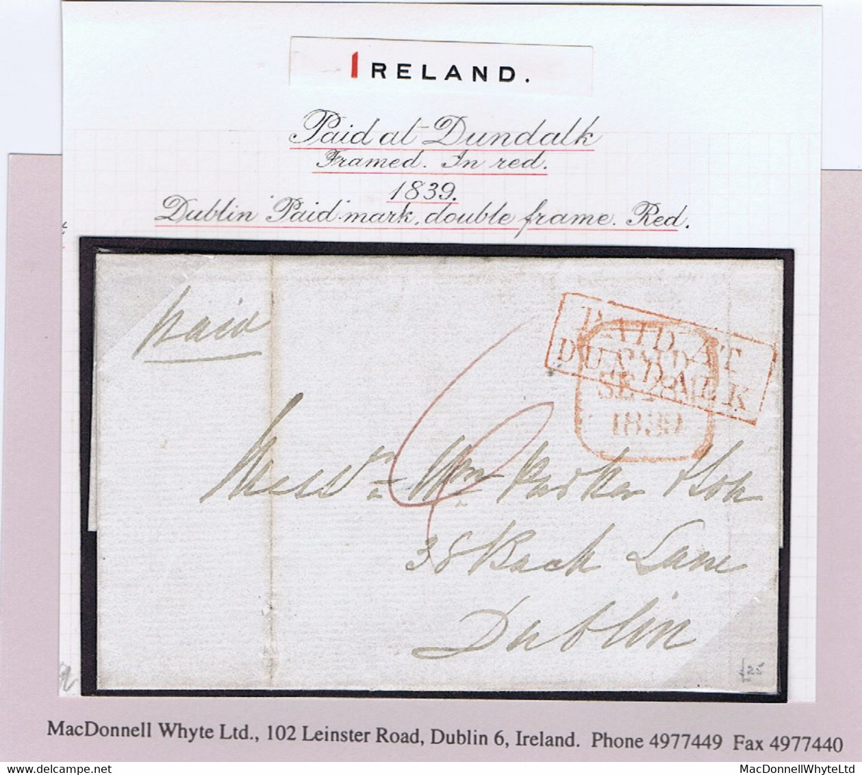 Ireland Louth 1839 Boxed 2-line PAID AT DUNDALK In Red On Cover To Dublin Prepaid Single "6" Sixpence 35 To 45 Miles - Prefilatelia