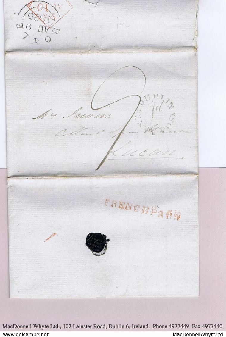 Ireland Roscommon 1835 Linear FRENCHPARK Town Namestamp In Red, Letter To Lucan DUBLIN PENNY POST 1d - Préphilatélie