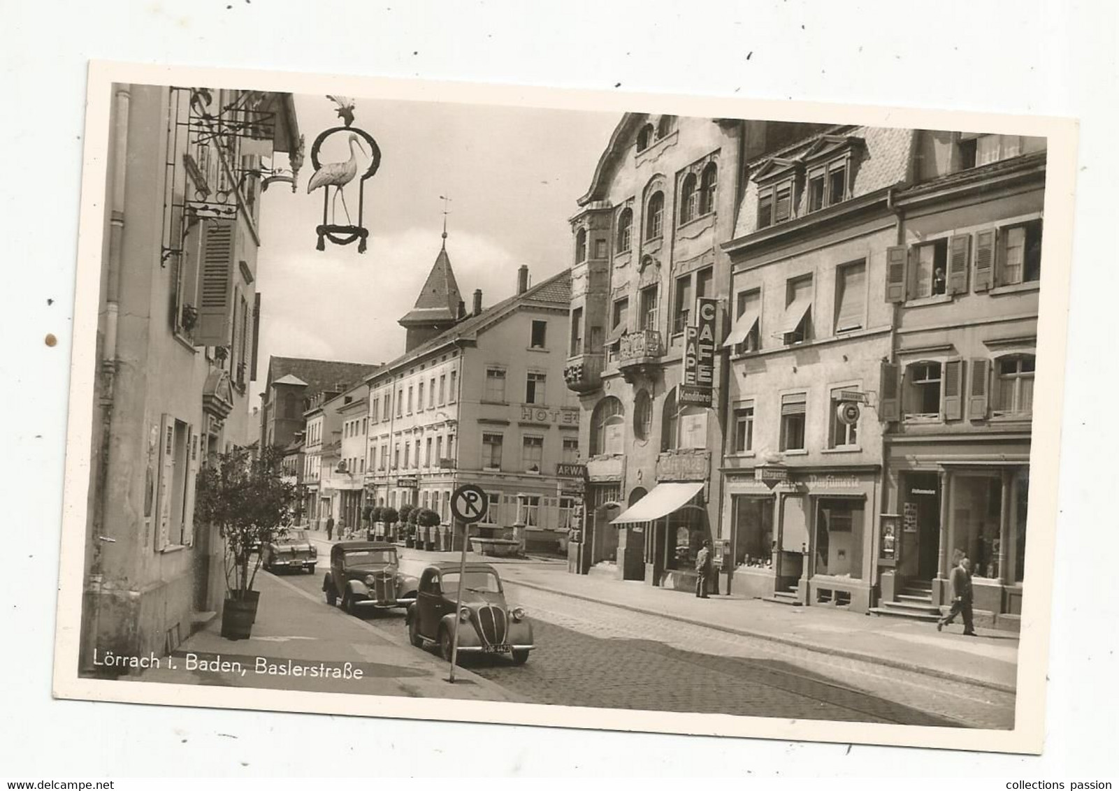 Cp, Allemagne, LÖRRACH I. Baden , Baslerstrasse , Automobiles , Commerces , CAFE PAPE ,écrite 1954 - Lörrach