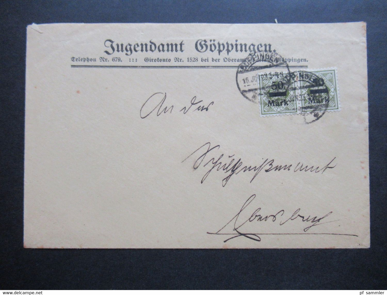 Altdeutschland Württemberg 16.7.1923 Dienstmarken Nr. 165 MeF Dienstbrief Vom Jugendamt Göppingen - Briefe U. Dokumente