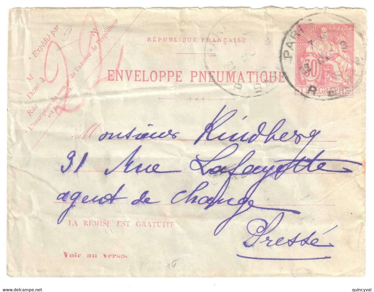 PARIS  Enveloppe Entier Pneumatique Chaplain 30 C Yv 2763 Storch A8 - Pneumatische Post