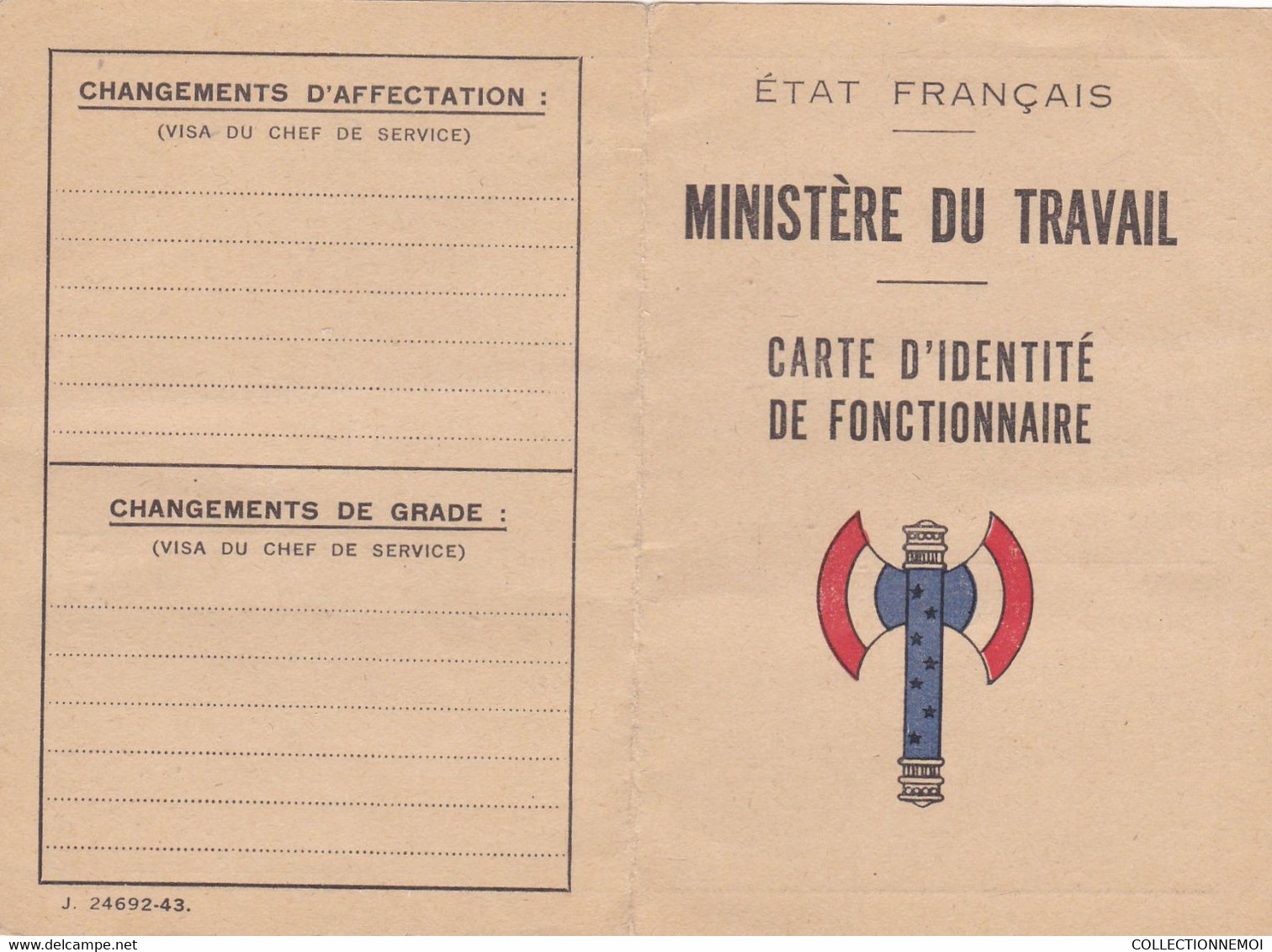 TRES RARE CARTE (vierge) ETAT FRANCAIS ,ministére Du Travail,CARTE D'IDENTITE DE FONCTIONNAIRE ,sous PETAIN - Documenti Storici