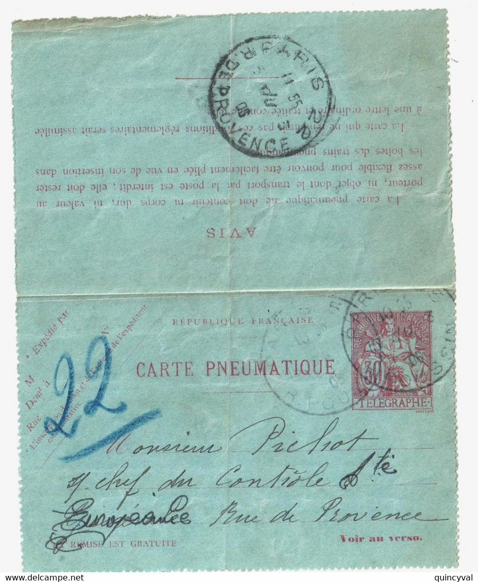 PARS Carte Lettre Entier Pneumatique Chaplain 30c Yv 2594 - Pneumatici