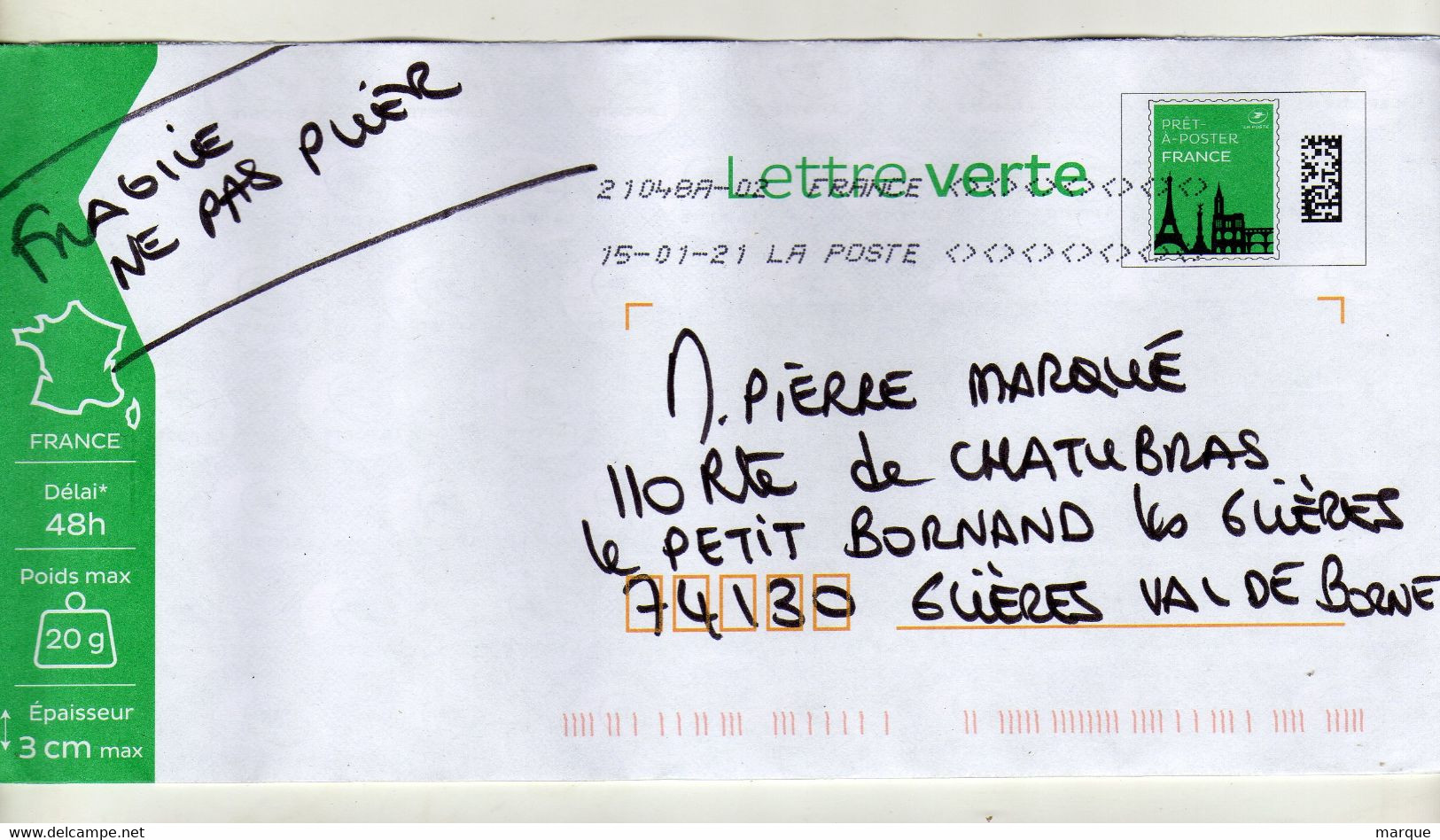 Enveloppe FRANCE Prêt à Poster Lettre Suivie Oblitération LA POSTE 21048A-02 15/01/2021 - Prêts-à-poster:  Autres (1995-...)