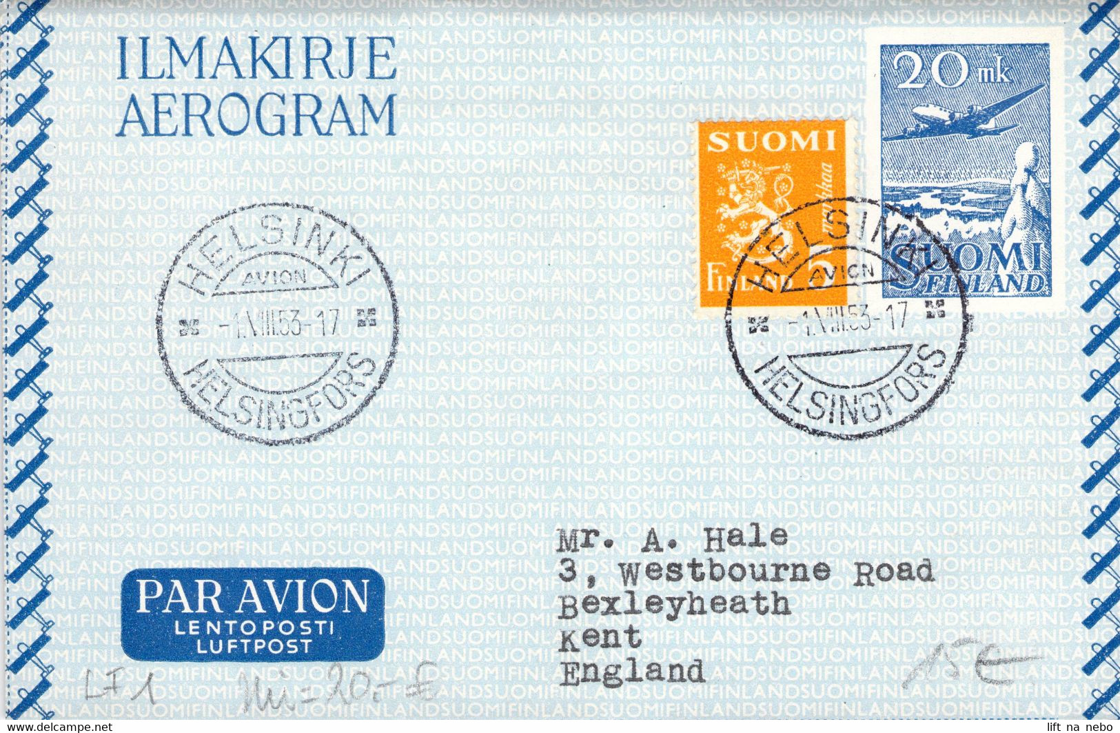 Finland Aerogram Ilmakirje Avion Air Mail Flypost Postal Stationery Cover 1953 Helsinki - Kent England FREE SHIPPING 347 - Cartas & Documentos