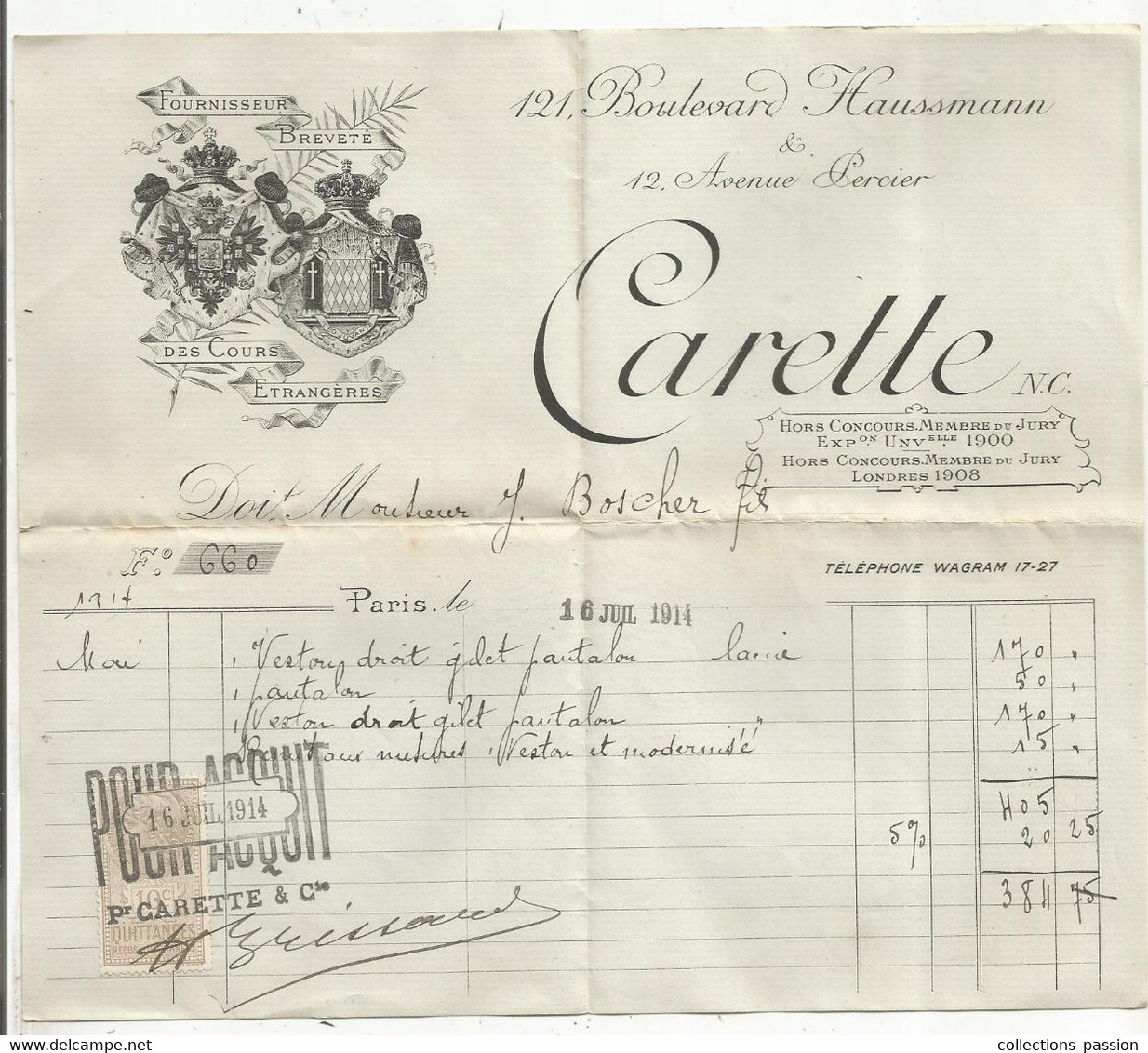 Facture , CARETTE , Paris , 1912,fournisseur Breveté Des Cours étrangéres , Frais Fr 1.70 € - 1900 – 1949