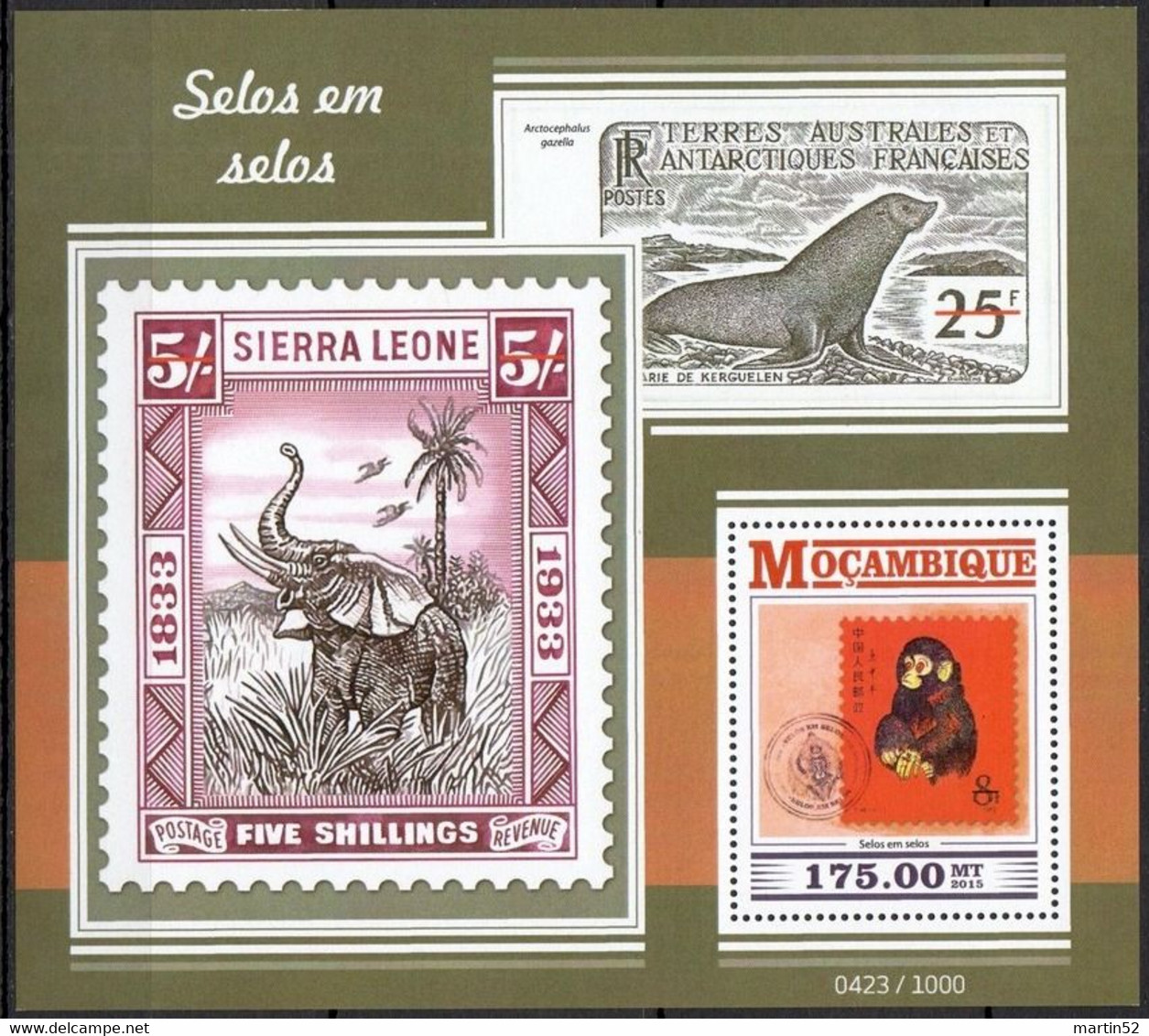 Moçambique 2014: Block With SIERRA LEONE Elephant Of 1933 - CHINA Monkey Of 1980 And TAAF Walrus (?) - Elefanten