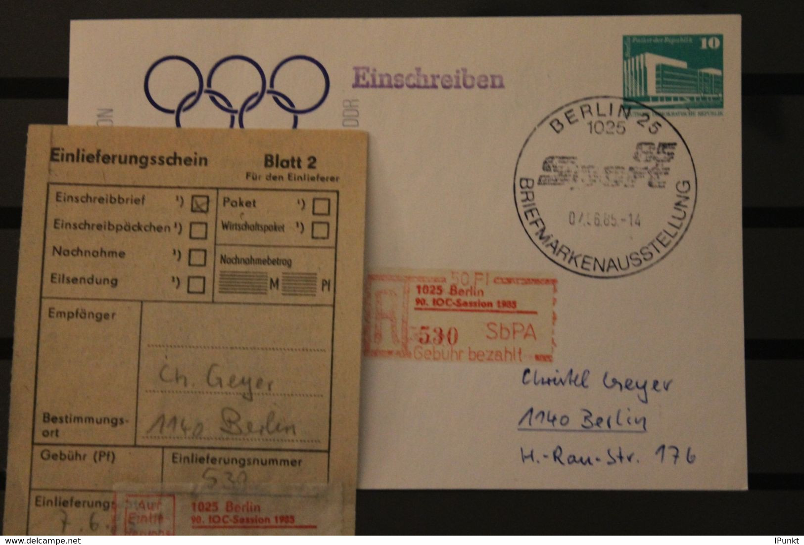 DDR; Berlin 1985, 90. IOC-Session ,Sonder R-Zettel, Mit Einlieferungsschein - Cartes Postales Privées - Oblitérées