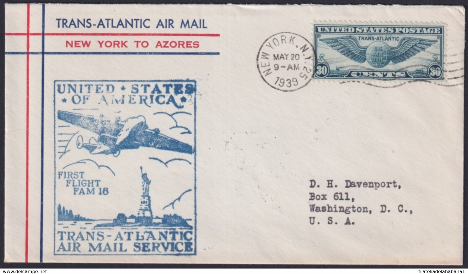 F-EX22033 US TRANS-ATLANTIC 1939 FIRST FLIGHT NEW YORK - AZORES, PORTUGAL. - Otros & Sin Clasificación