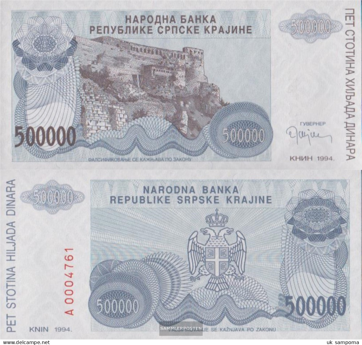 Croatia Pick-number: R32a Uncirculated 1994 500.000 Dinara - Croatie