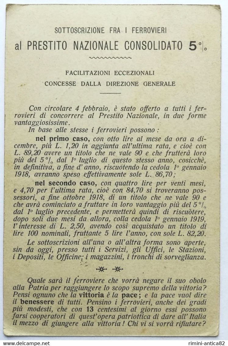 Sottoscrizione Fra I Ferrovieri Al Prestito Nazionale Consolidato 5% - Guerre 1914-18