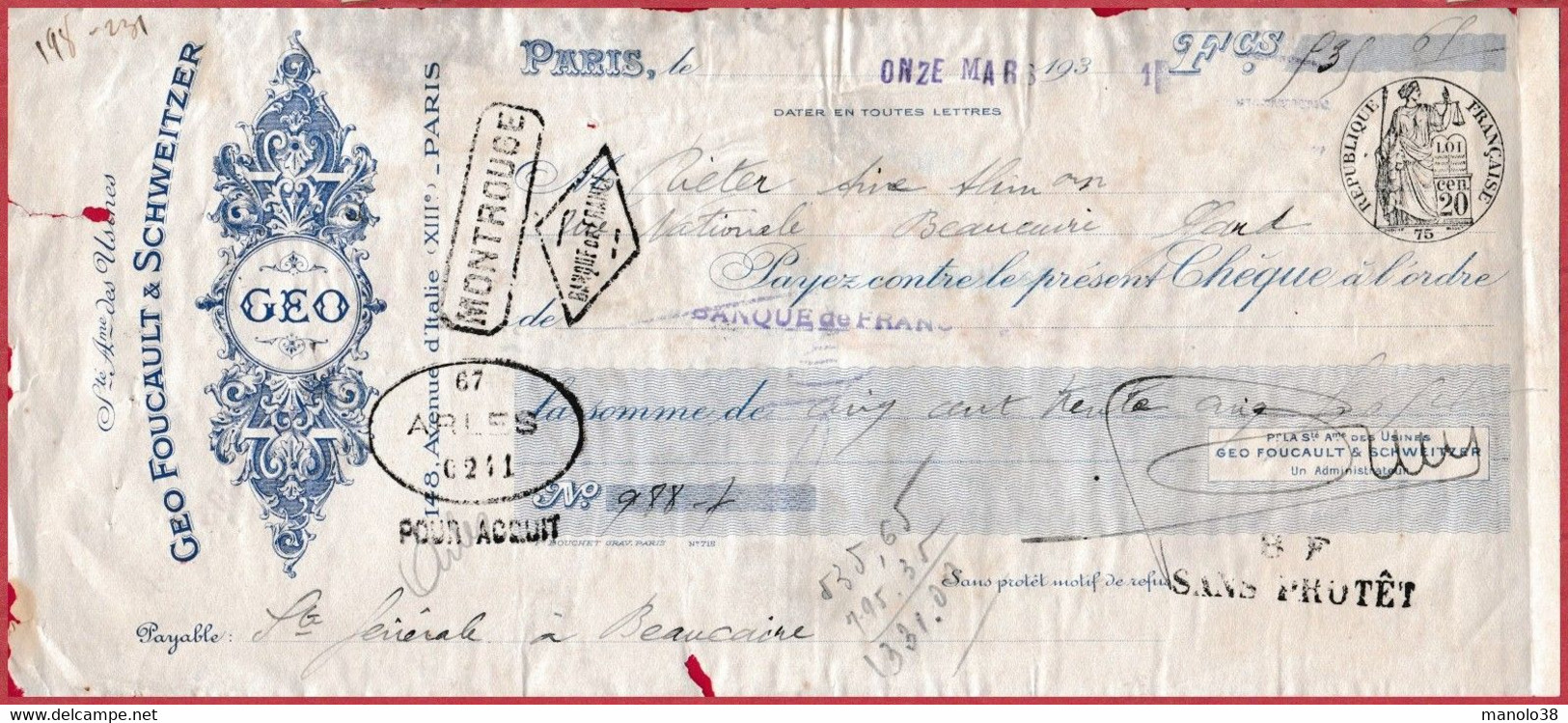 Geo Foucault & Schweitzer. Paris. 1931 - Cheques & Traverler's Cheques