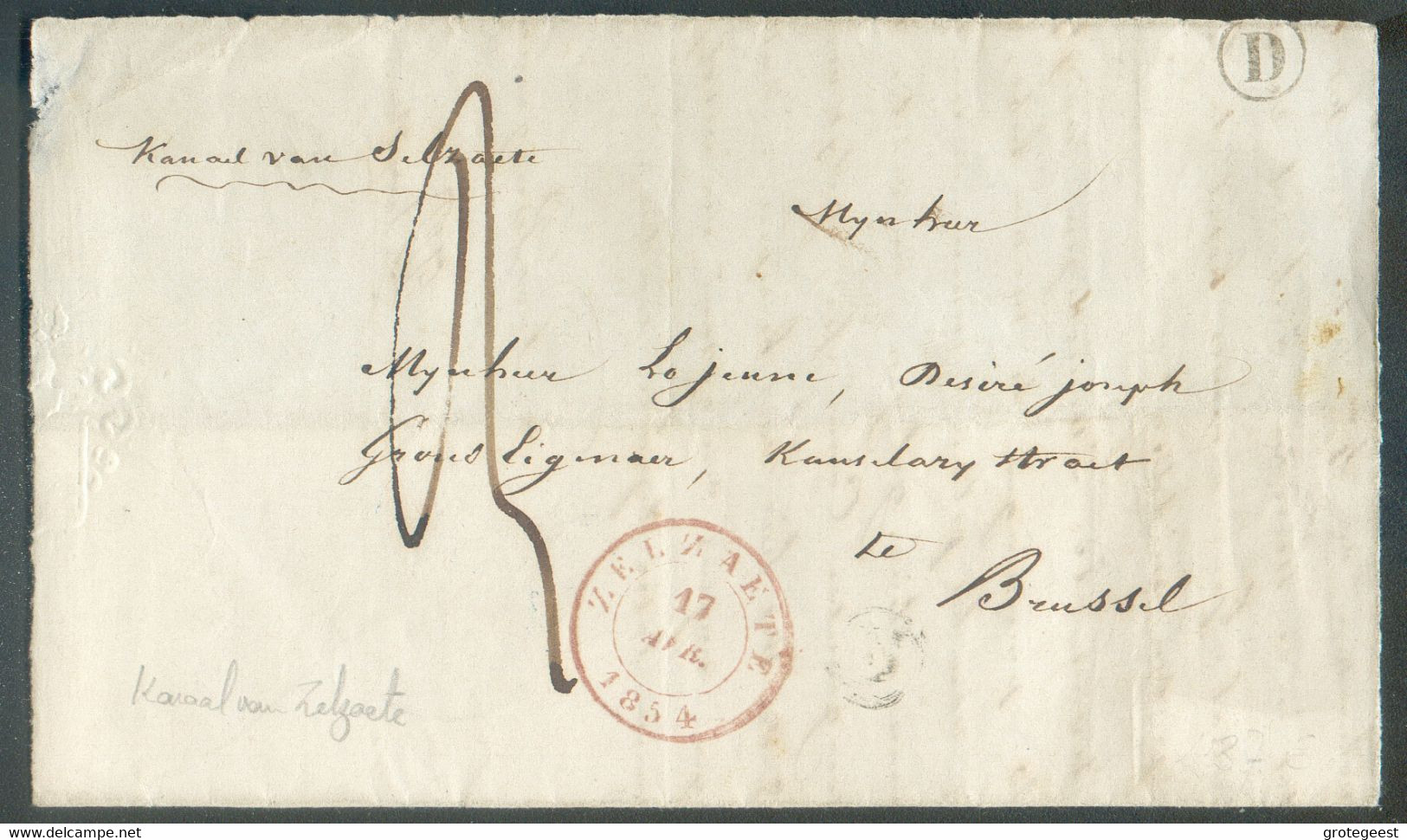 Lettre Partielle De ZELZAETE le 17 Avril 1854 + Boîte D (Kanaal Van Zelzaete) Vers Bruxelles , Taxée '3'.  TB  - 17105 - 1815-1830 (Dutch Period)