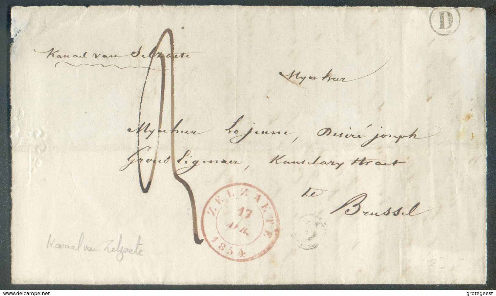 Lettre Partielle De ZELZAETE le 17 Avril 1854 + Boîte D (Kanaal Van Zelzaete) Vers Bruxelles , Taxée '3'.  TB  - 17105 - 1815-1830 (Holländische Periode)