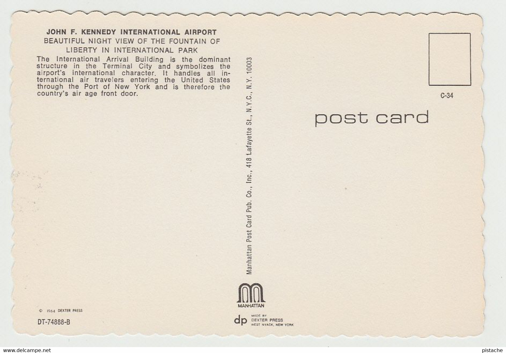 New York City - Kennedy Airport - By Manhattan Post Card Inc. No DT-74888-B - 4 X 6 In - Unused - 2 Scans - Aéroports