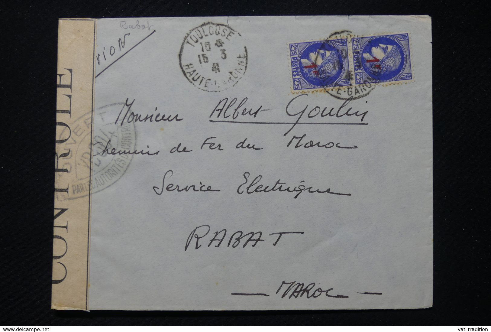 FRANCE - Enveloppe De Toulouse Pour Rabat En 1941 Par Avion Avec Contrôle Postal ( Contrôle YB 604 ) - L 85392 - 1921-1960: Modern Tijdperk