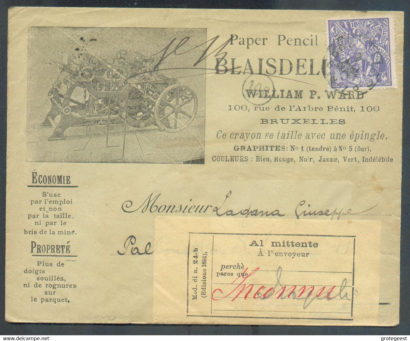 N°71 - 5 Centimes Exposition De Bruxelles, Obl. Sc BRUXELLES 3 Sur Lettre Du 15 Mai 1897 Vers L'Italie (+  Etiquette Al - 1894-1896 Esposizioni