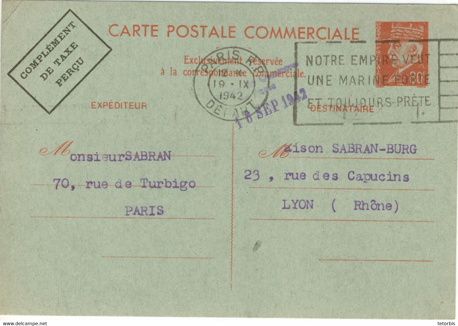 ENTIER POSTAL 80C PETAIN TARIF CARTE POSTALE COMMERCIALE 19/09/42 COMPLEMENT TAXE PERCU - Cartes Postales Types Et TSC (avant 1995)