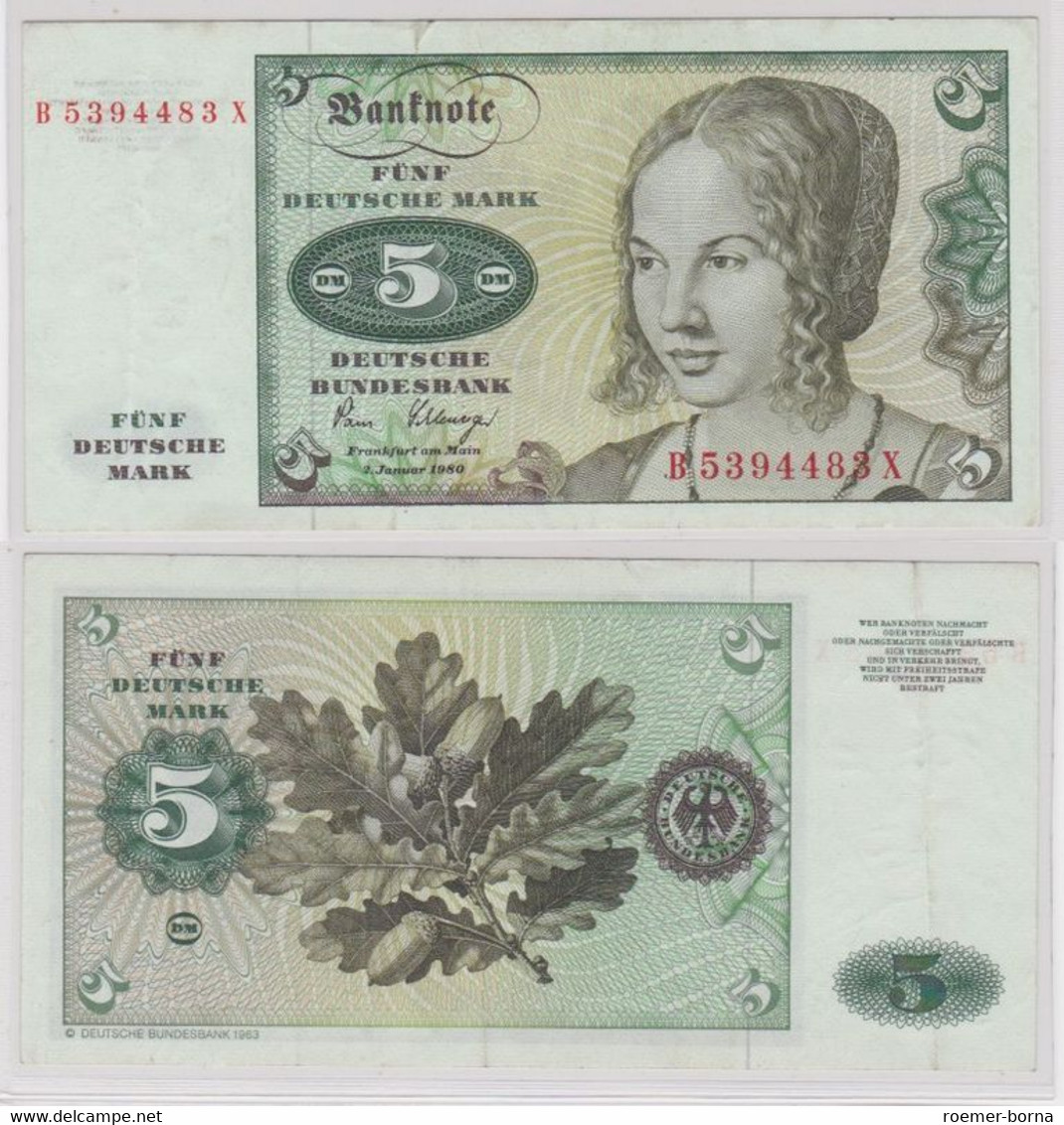 T140403 Banknote 5 DM Deutsche Mark Ro. 285a Schein 2.Januar 1980 KN B 5394483 X - 5 Deutsche Mark