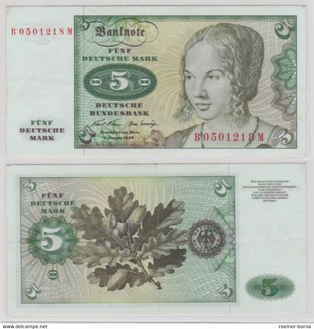 T142409 Banknote 5 DM Deutsche Mark Ro. 269a Schein 2.Januar 1970 KN B 0501218 M - 5 Deutsche Mark