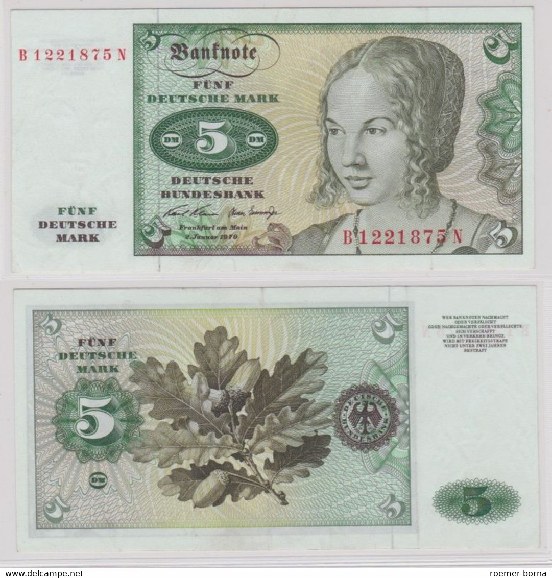 T142499 Banknote 5 DM Deutsche Mark Ro. 269a Schein 2.Januar 1970 KN B 1221875 N - 5 DM