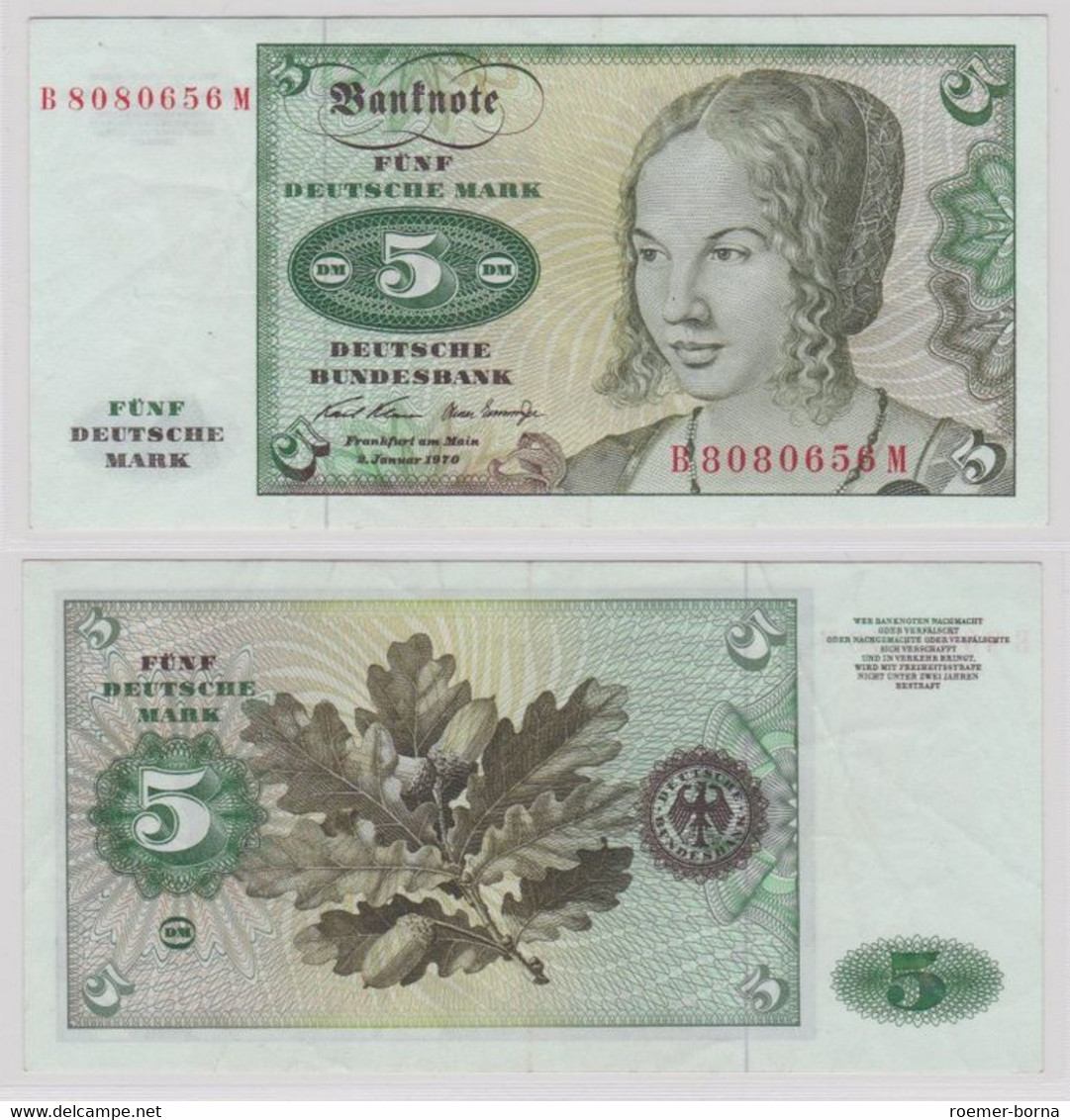 T143768 Banknote 5 DM Deutsche Mark Ro. 269a Schein 2.Januar 1970 KN B 8080656 M - 5 DM