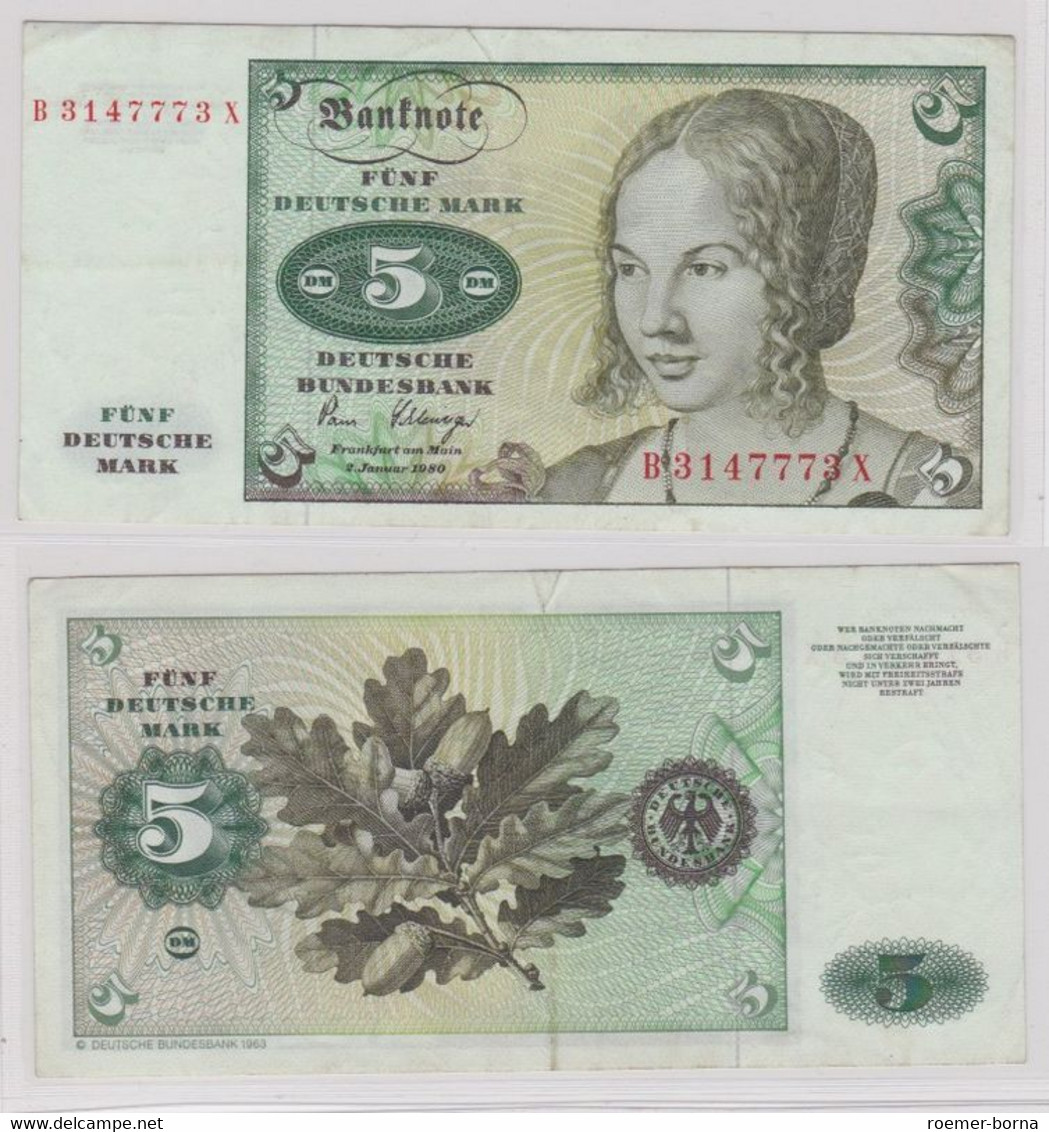 T143827 Banknote 5 DM Deutsche Mark Ro. 285a Schein 2.Januar 1980 KN B 3147773 X - 5 DM