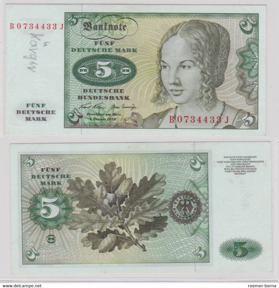 T143834 Banknote 5 DM Deutsche Mark Ro. 269a Schein 2.Januar 1970 KN B 0734433 J - 5 Deutsche Mark