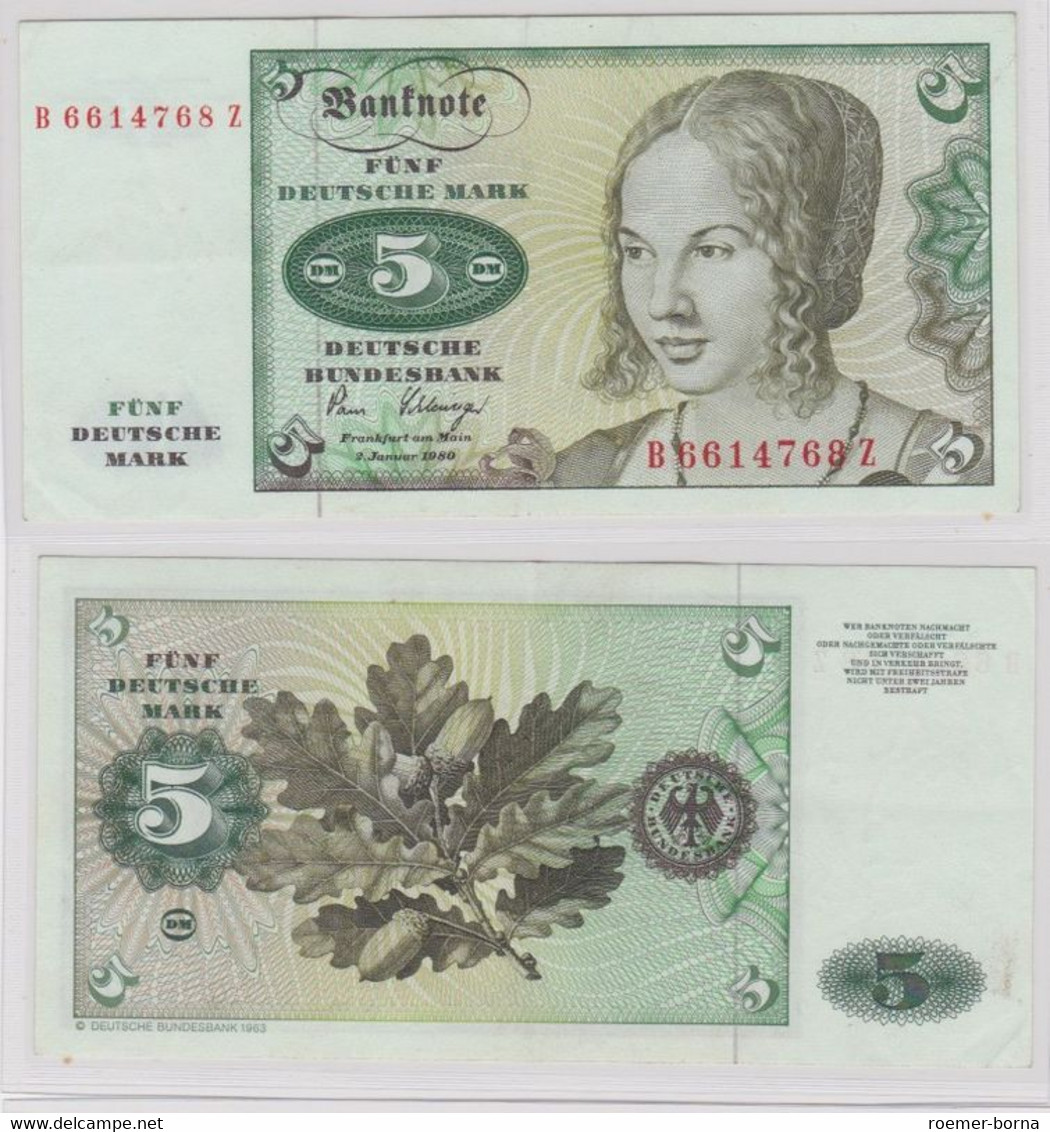 T143851 Banknote 5 DM Deutsche Mark Ro. 285a Schein 2.Januar 1980 KN B 6614768 Z - 5 DM