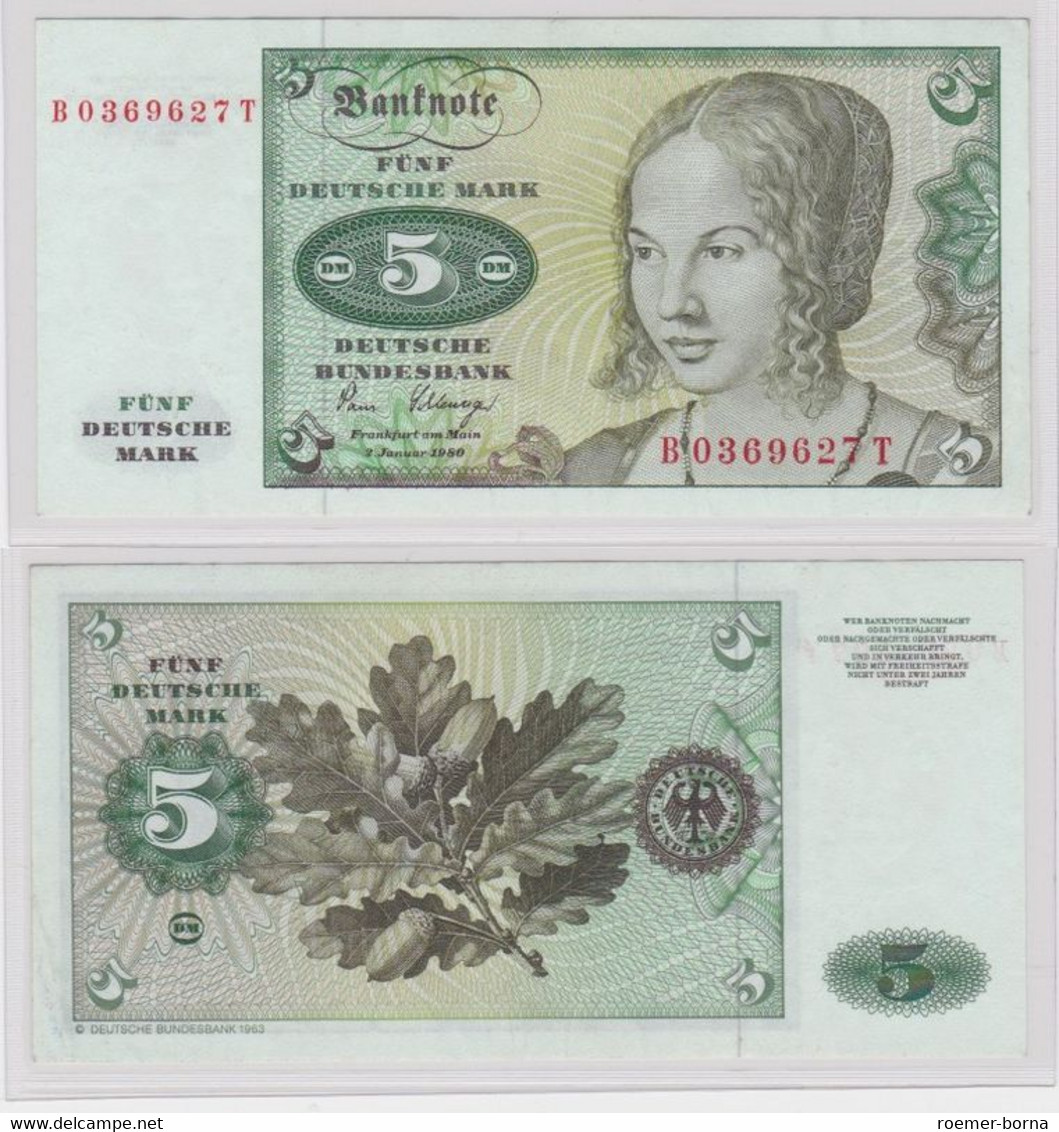 T143905 Banknote 5 DM Deutsche Mark Ro. 285a Schein 2.Januar 1980 KN B 0369627 T - 5 Deutsche Mark