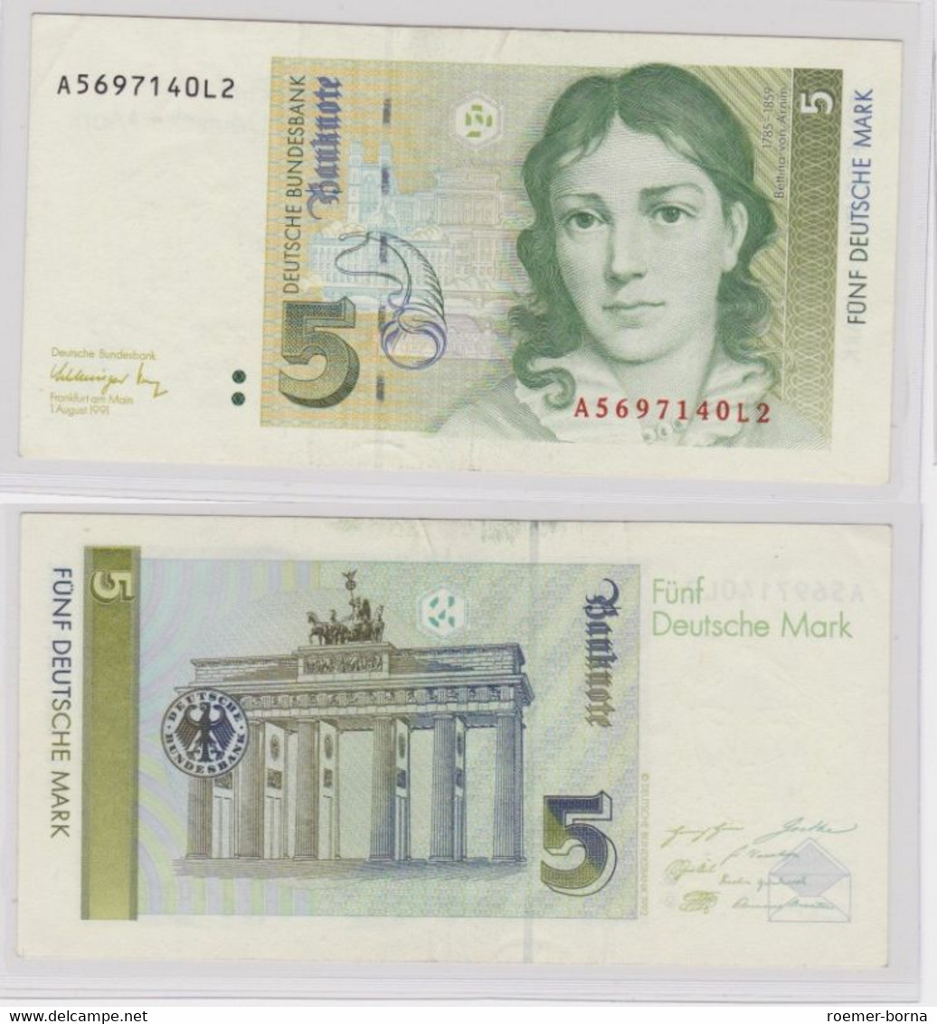 T144011 Banknote 5 DM Deutsche Mark Ro. 296b Schein 1.August 1991 KN A 5697140L2 - 5 DM