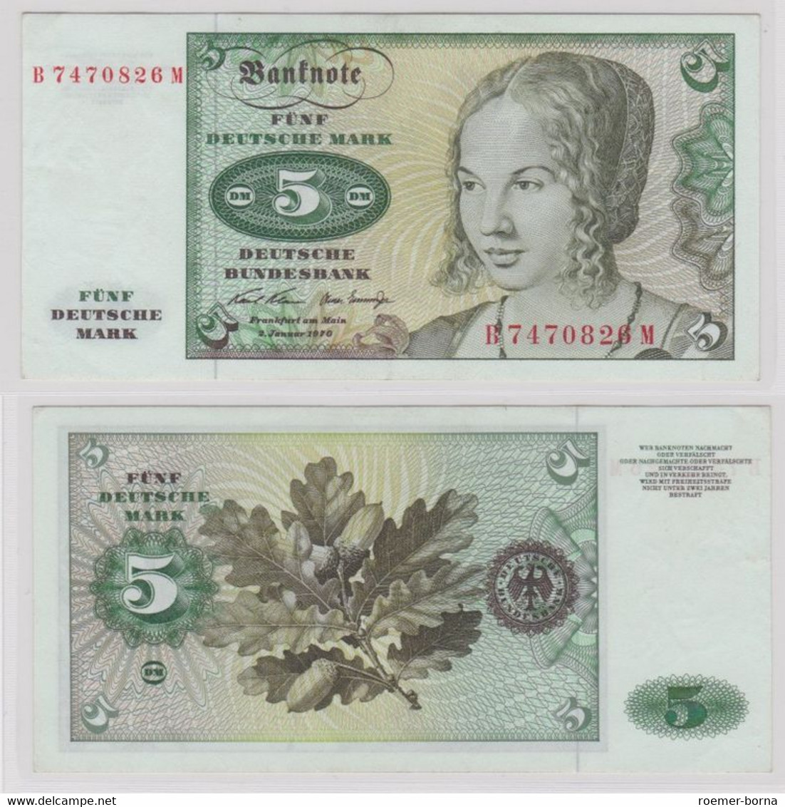 T144131 Banknote 5 DM Deutsche Mark Ro. 269a Schein 2.Januar 1970 KN B 7470826 M - 5 Deutsche Mark