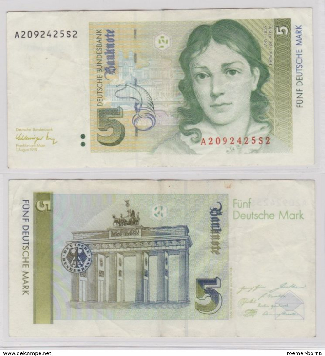 T144215 Banknote 5 DM Deutsche Mark Ro. 296b Schein 1.August 1991 KN A 2092425S2 - 5 Deutsche Mark