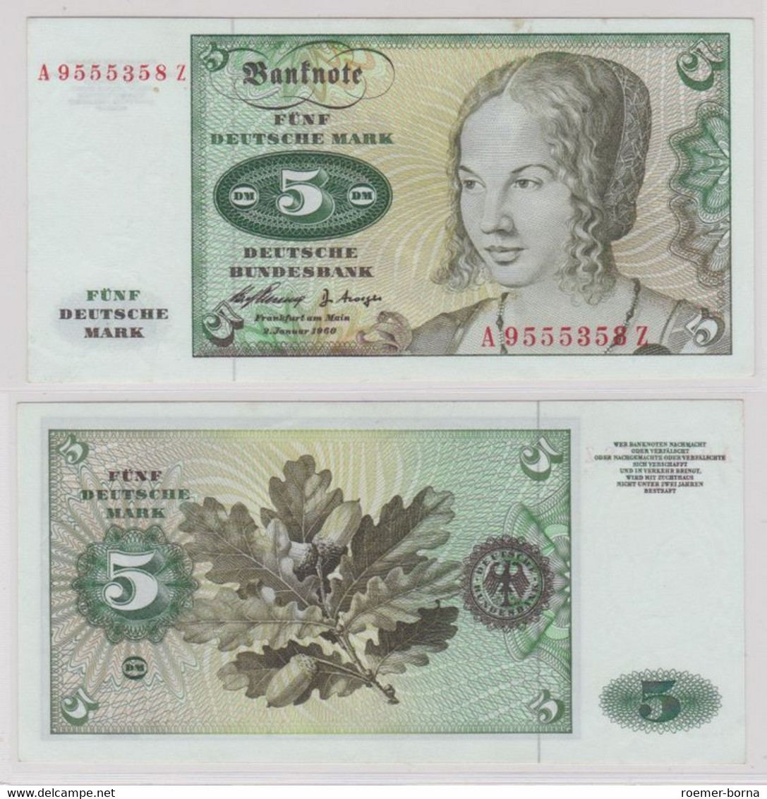 T144288 Banknote 5 DM Deutsche Mark Ro. 262e Schein 2.Januar 1960 KN A 9555358 Z - 5 DM