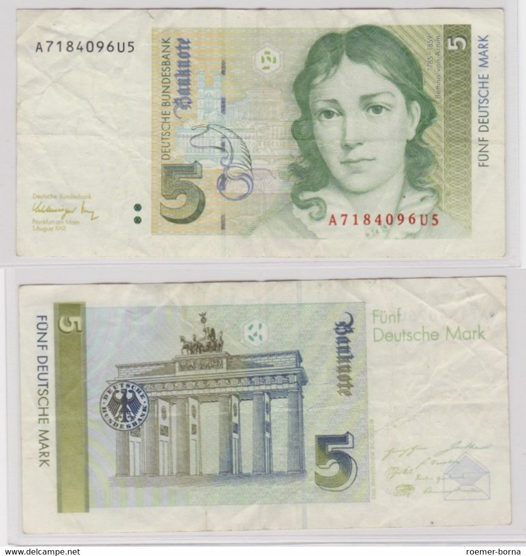 T144294 Banknote 5 DM Deutsche Mark Ro. 296b Schein 1.August 1991 KN A 7184096U5 - 5 Deutsche Mark