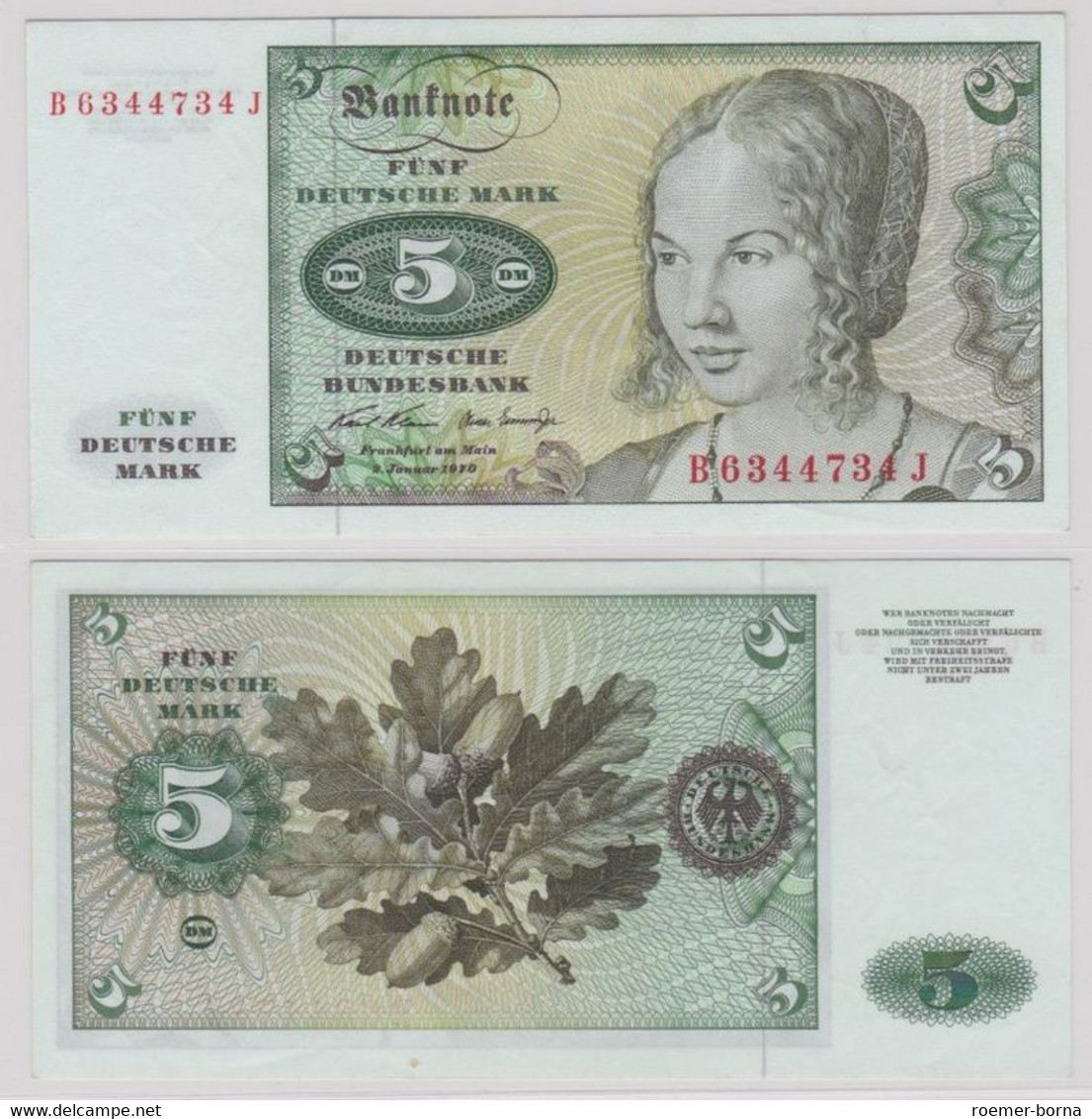 T144373 Banknote 5 DM Deutsche Mark Ro. 269a Schein 2.Januar 1970 KN B 6344734 J - 5 Deutsche Mark