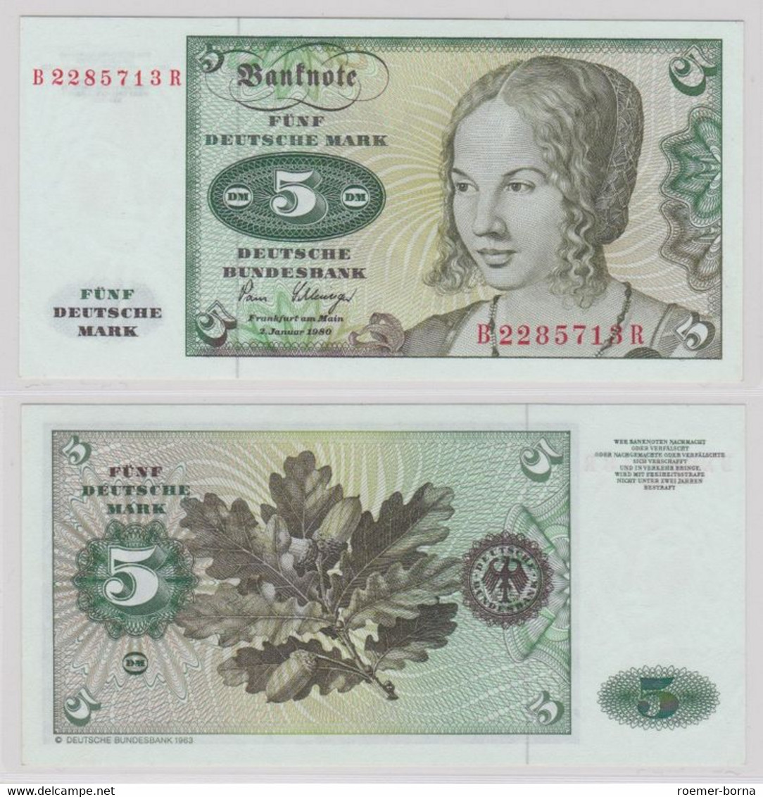 T144675 Banknote 5 DM Deutsche Mark Ro. 285a Schein 2.Januar 1980 KN B 2285713 R - 5 DM